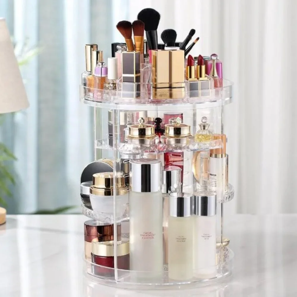 360° Rotating Clear Makeup Organizer with 8 Adjustable Layers & Large Capacity